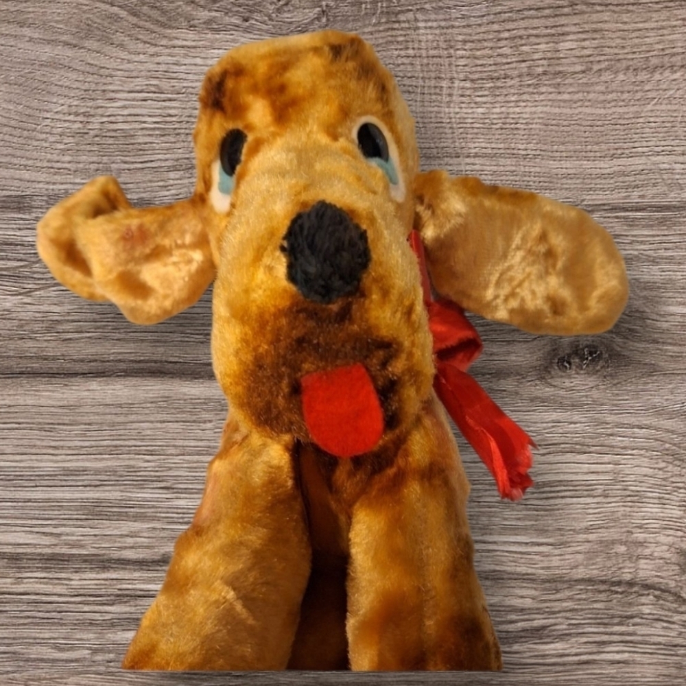 Vintage Brown Plush Puppy Dog with Ribbon